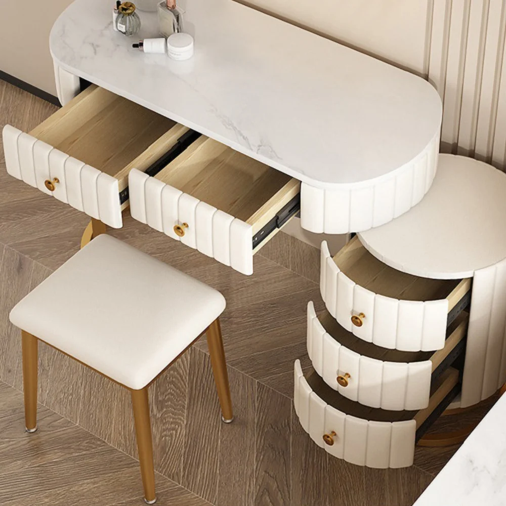 CAPSULE DESIGN MAKEUP VANITY EXPANDABLE UPHOLSTERED WOODEN DRESSING TABLE WITH 5 DRAWERS