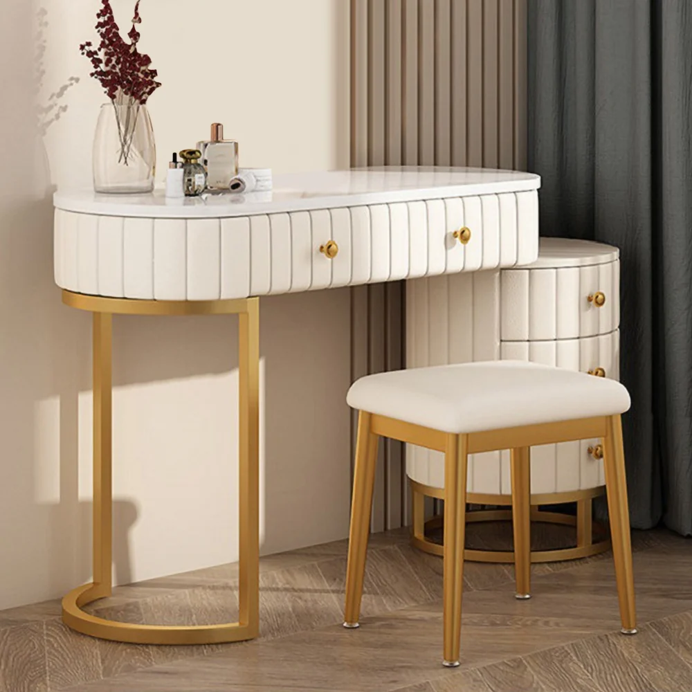 CAPSULE DESIGN MAKEUP VANITY EXPANDABLE UPHOLSTERED WOODEN DRESSING TABLE WITH 5 DRAWERS