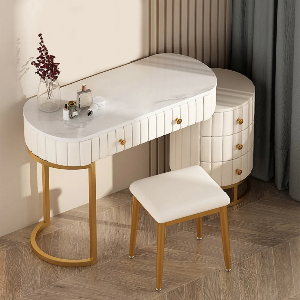 CAPSULE DESIGN MAKEUP VANITY EXPANDABLE UPHOLSTERED WOODEN DRESSING TABLE WITH 5 DRAWERS