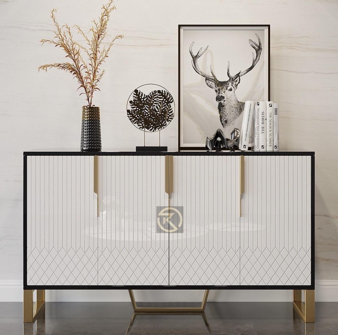 High-End White and Black Leaf Sideboard Buffet