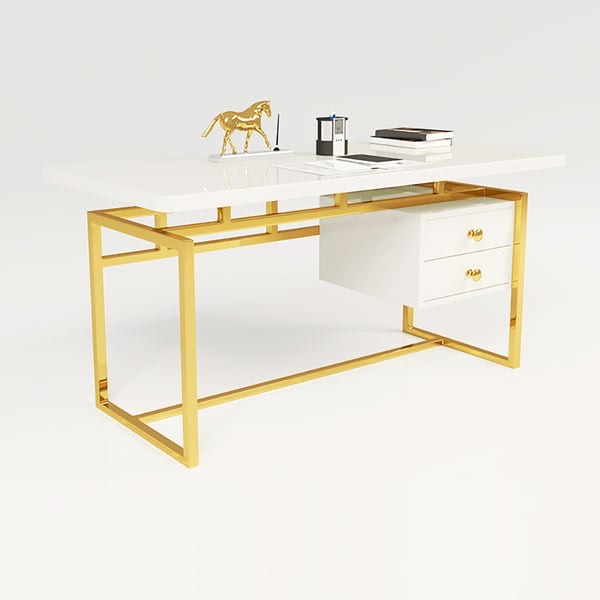 2-DRAWERS MODERN OFFICE DESK WITH TRIPOD DESIGN GOLD STAINLESS STEEL BASE