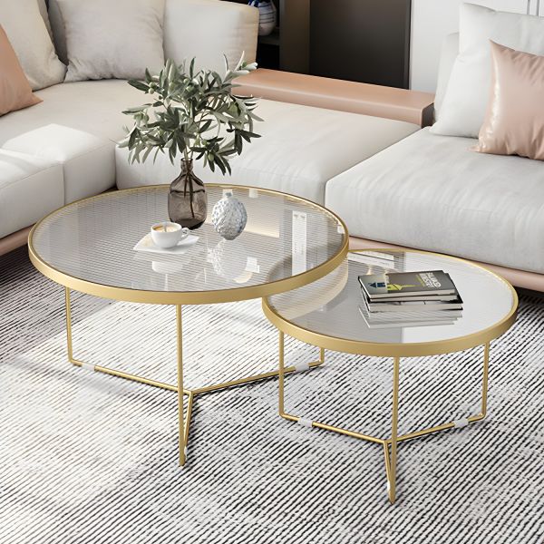 Nesting Coffee Table Set of 2 with Round Fluted Glass Top