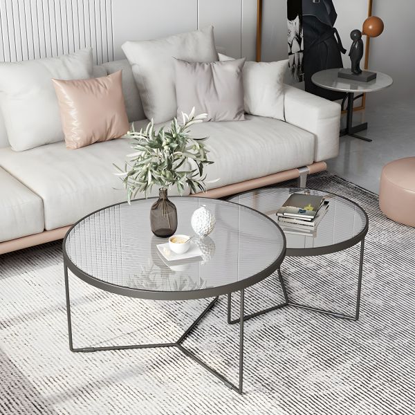 Nesting Coffee Table Set of 2 with Round Fluted Glass Top