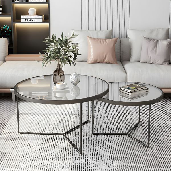 Nesting Coffee Table Set of 2 with Round Fluted Glass Top