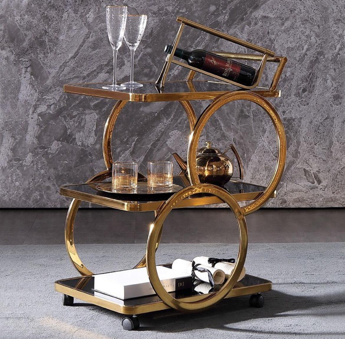 Modern 3-Tier Full Ring Bar Cart in Gold Finish