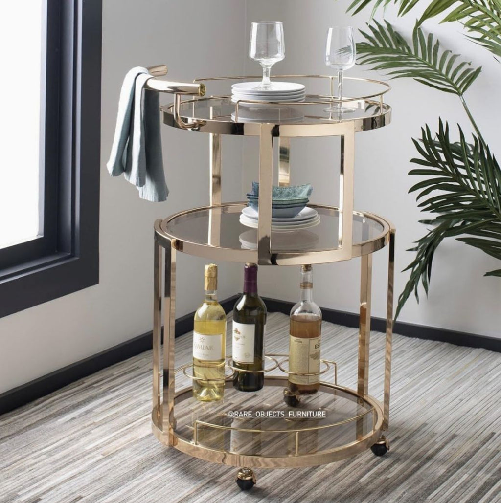 Luxury Round 3-Tier Serving Trolley in Gold Finish