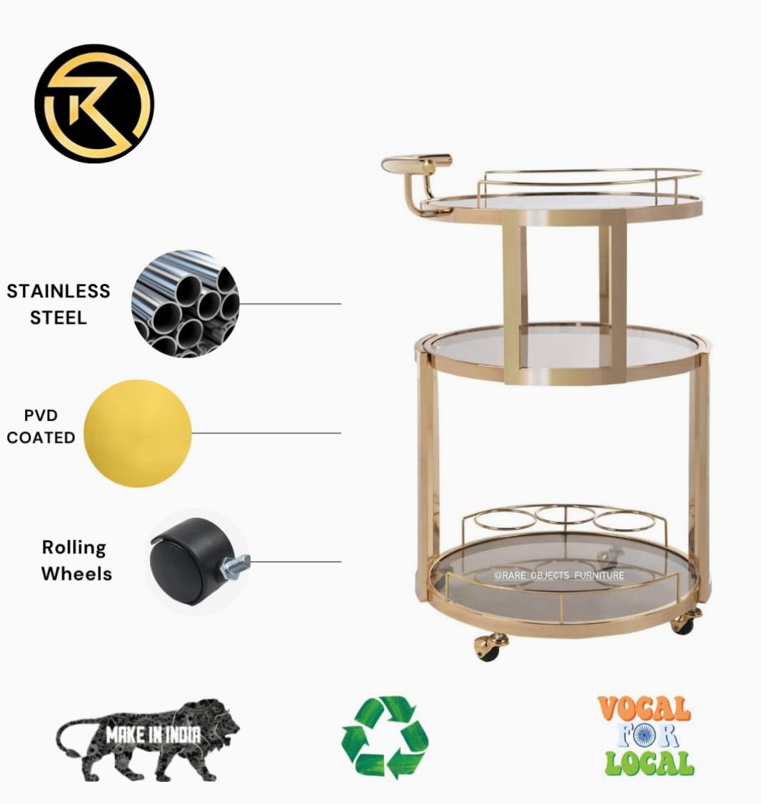 Luxury Round 3-Tier Serving Trolley in Gold Finish
