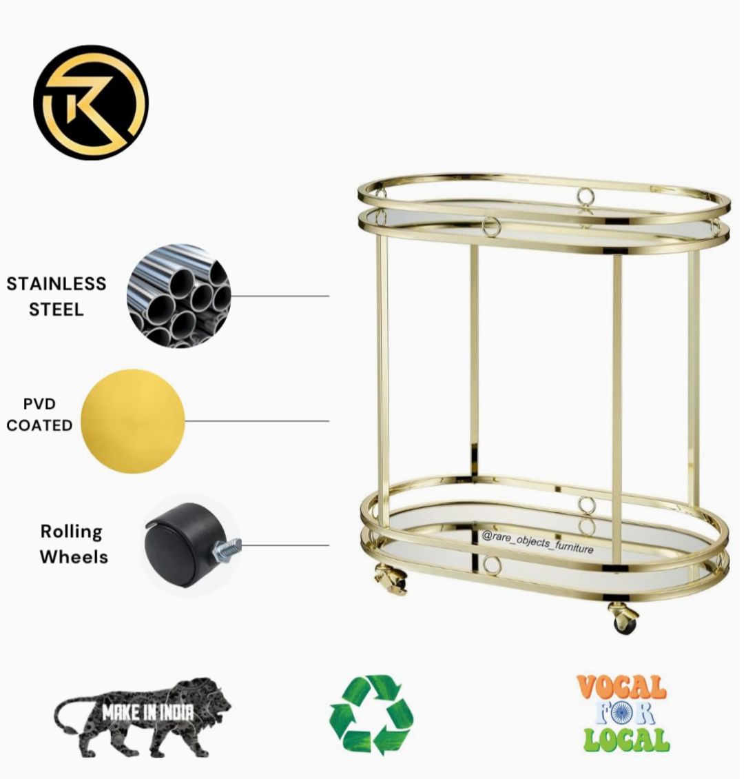 Classic Oval Miami Bar Cart with Mirror Glass Top