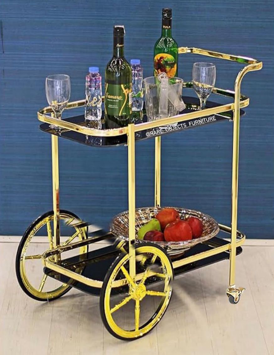 Antique Style Rectangular Serving Trolley in Luxury Gold Finish