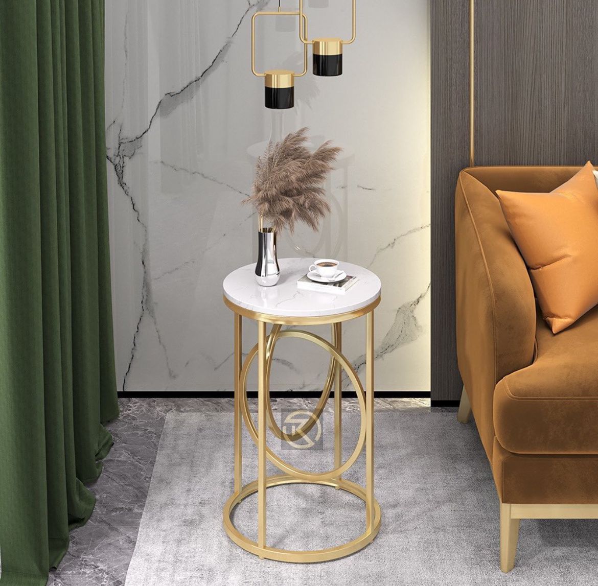 Metal Round End Table in Matte Gold and Marble Top