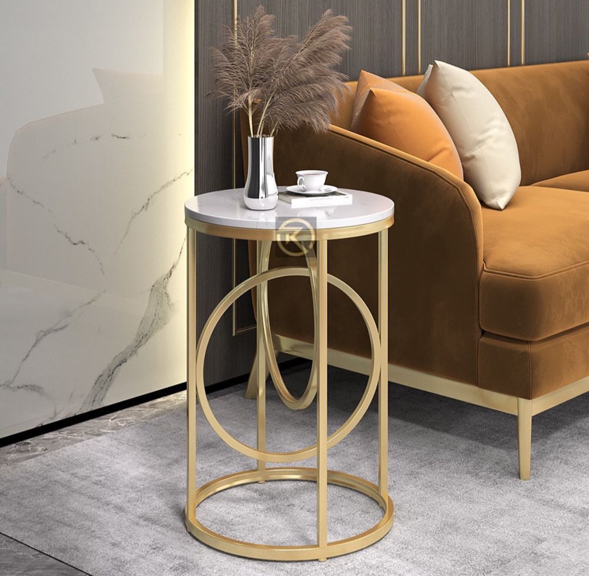 Metal Round End Table in Matte Gold and Marble Top