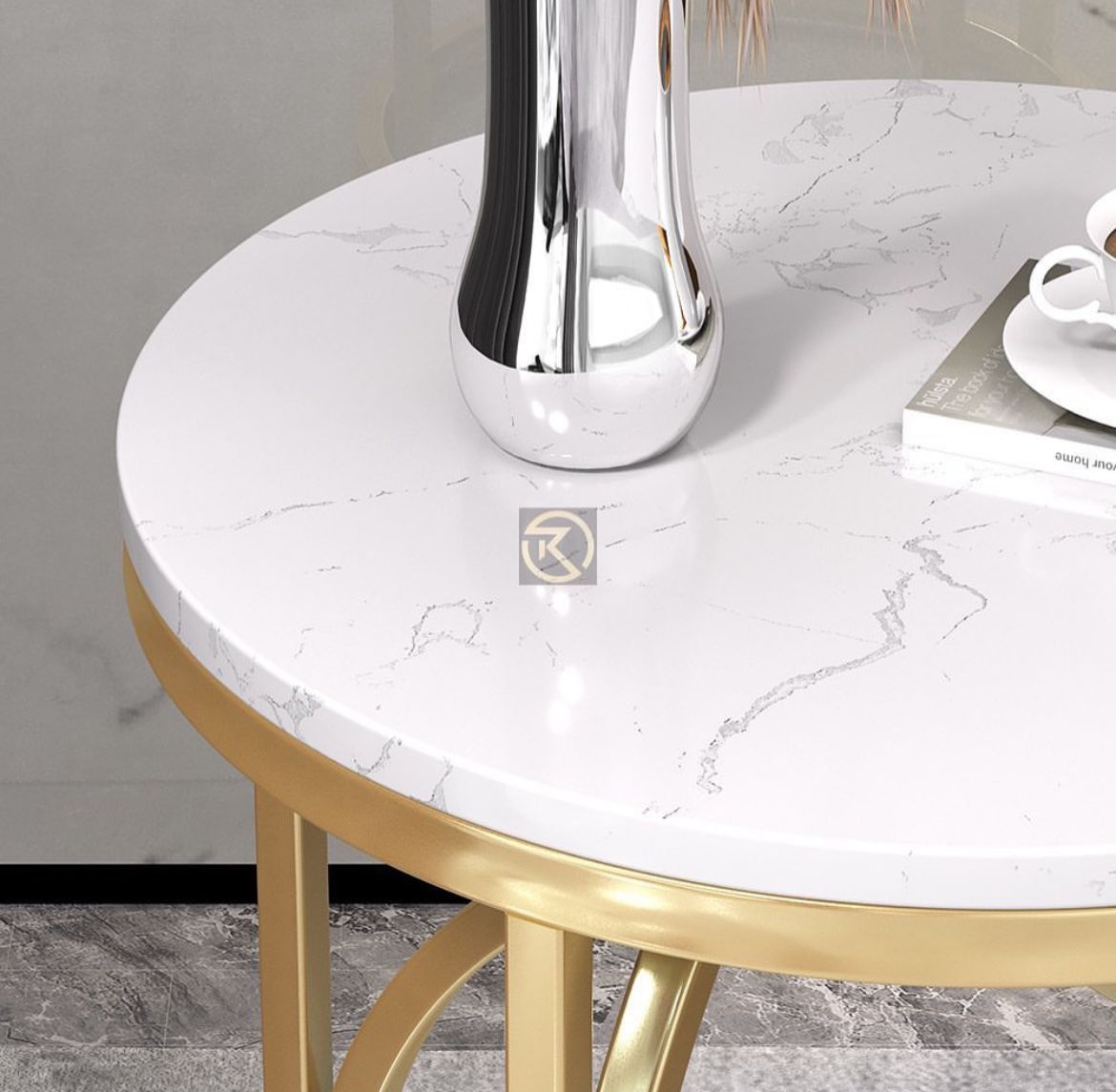 Metal Round End Table in Matte Gold and Marble Top