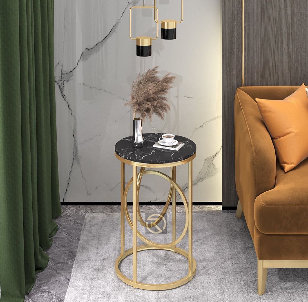 Metal Round End Table in Matte Gold and Marble Top