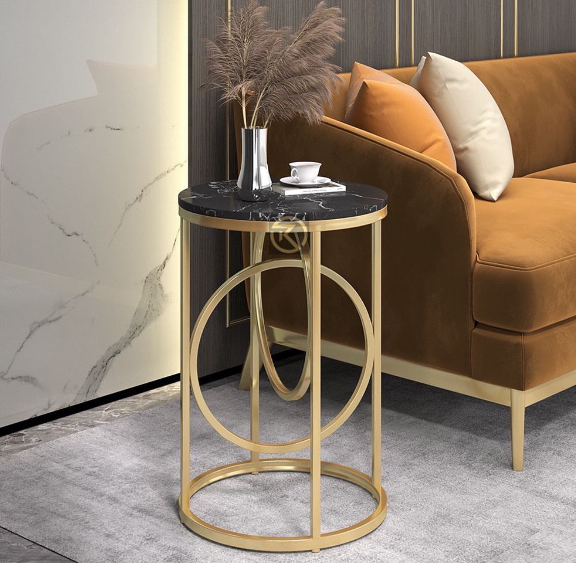 Metal Round End Table in Matte Gold and Marble Top