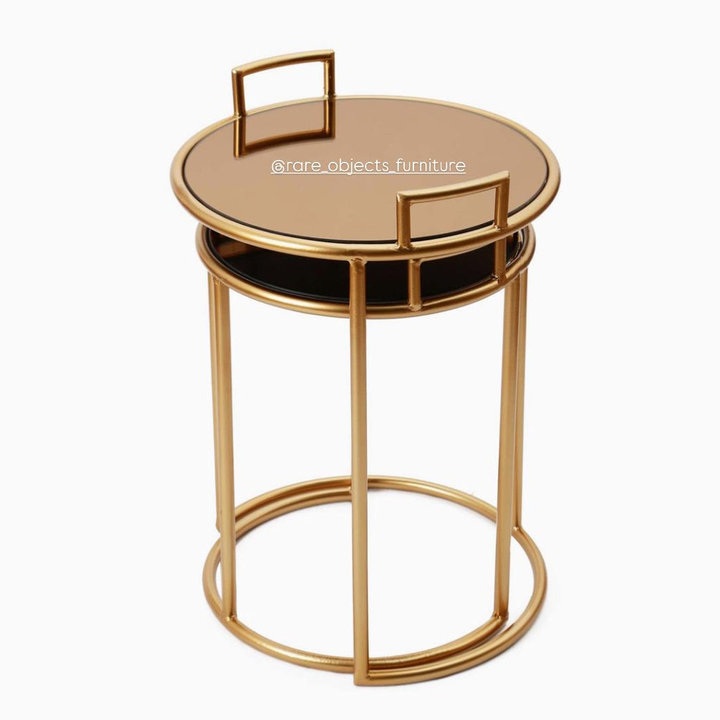 Round Decorative End Tables in Matte Gold and Brown Glass Top