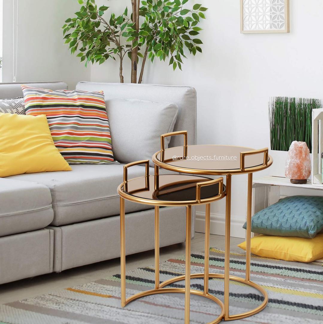 Round Decorative End Tables in Matte Gold and Brown Glass Top