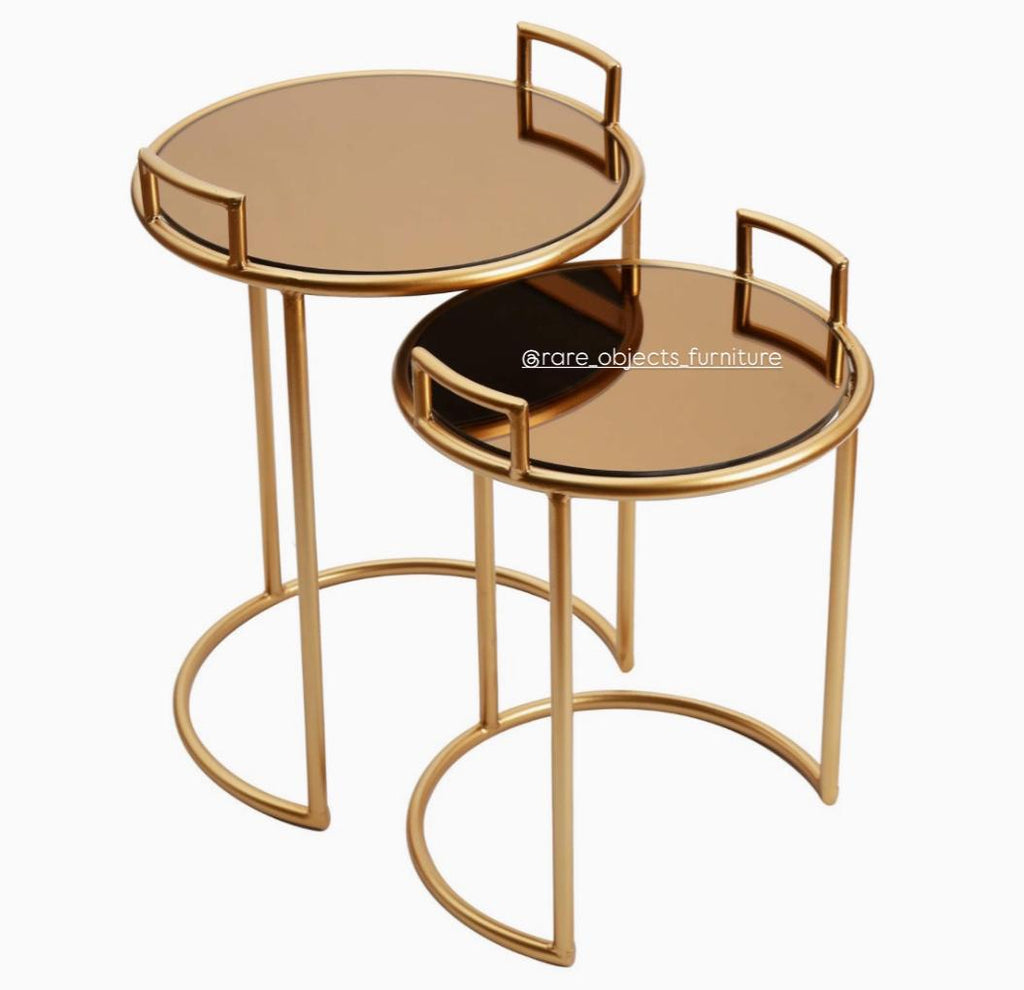Round Decorative End Tables in Matte Gold and Brown Glass Top