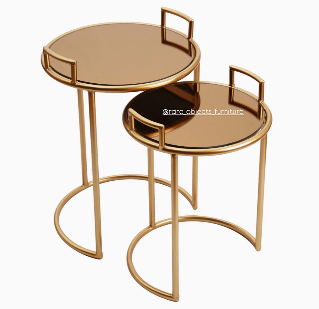 Round Decorative End Tables in Matte Gold and Brown Glass Top