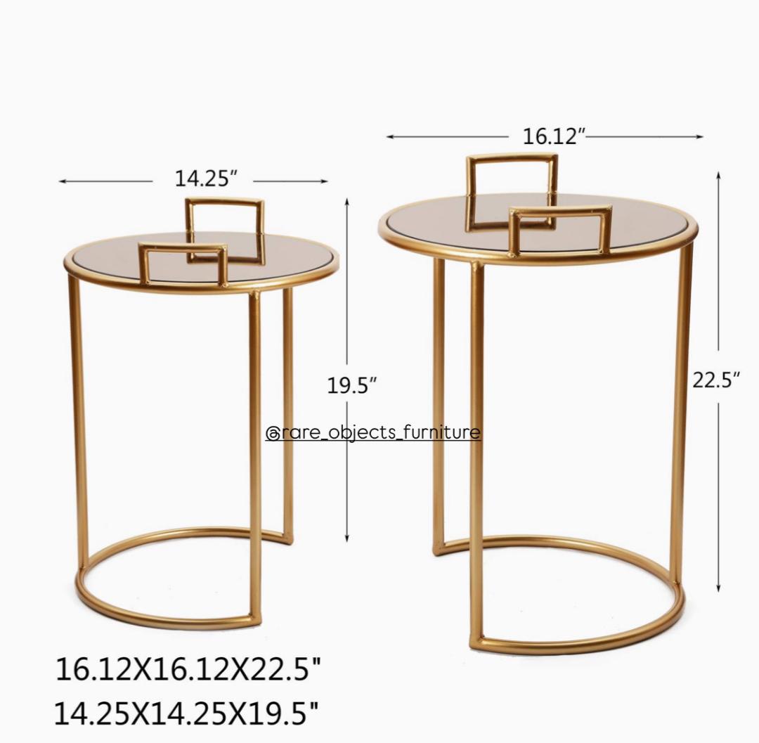 Round Decorative End Tables in Matte Gold and Brown Glass Top