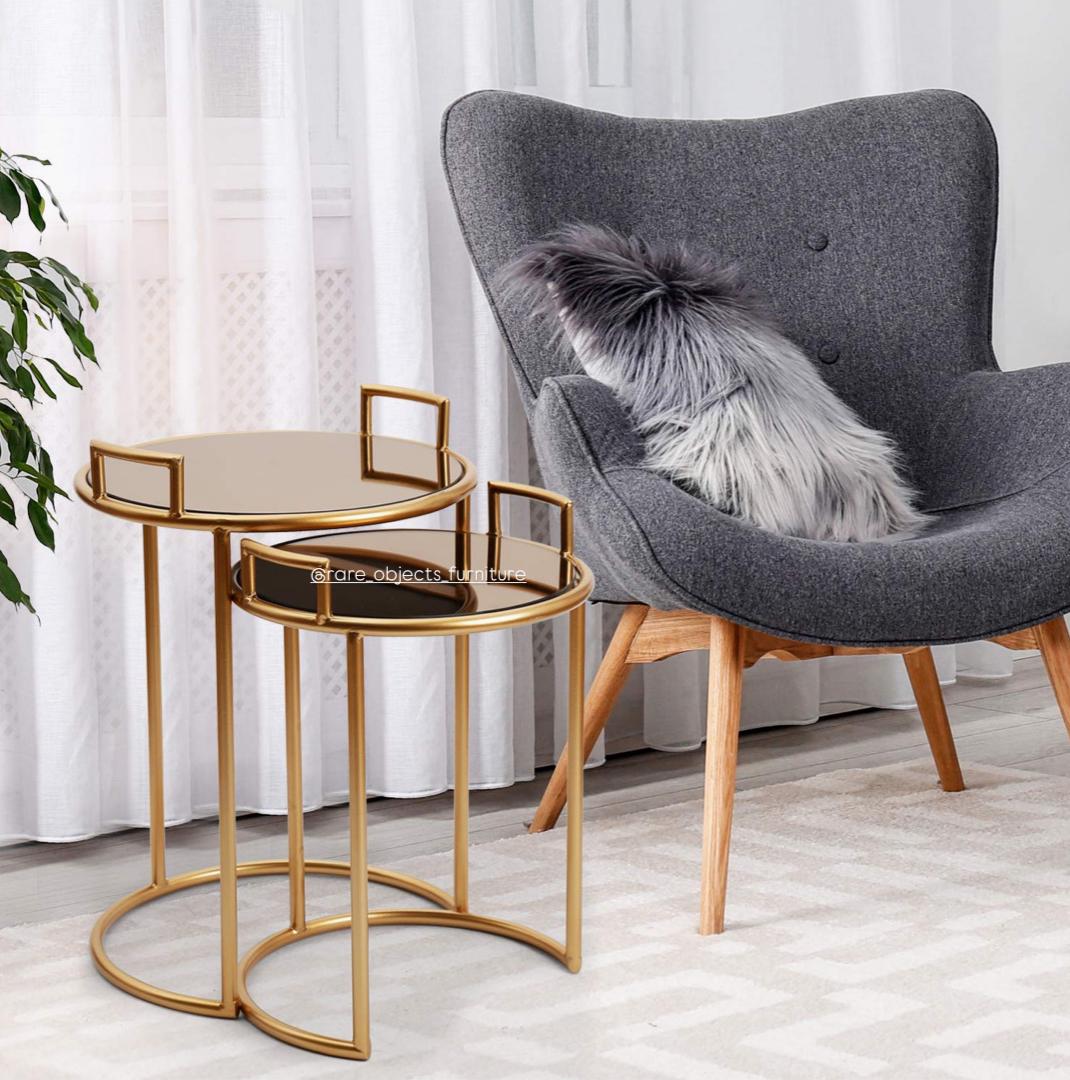 Round Decorative End Tables in Matte Gold and Brown Glass Top