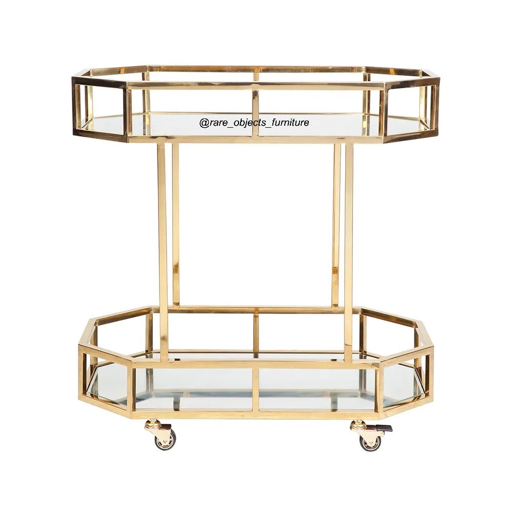 Gold 2-Tier Round Bar Trolley With Wheels