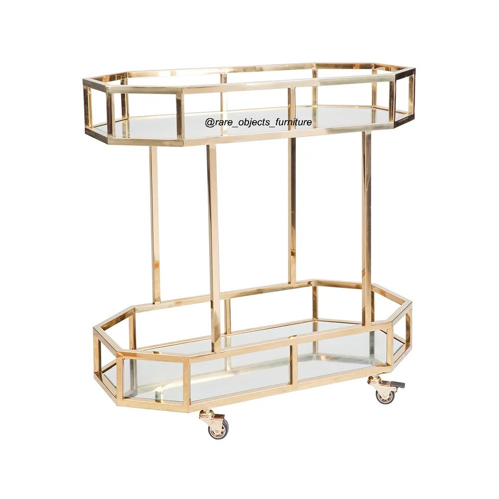 Gold 2-Tier Round Bar Trolley With Wheels