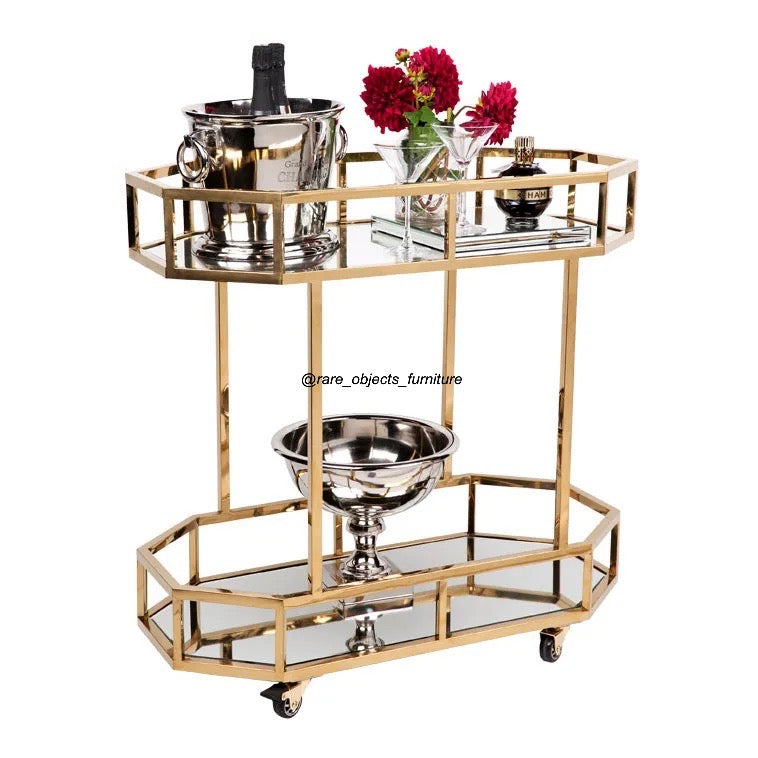 Gold 2-Tier Round Bar Trolley With Wheels