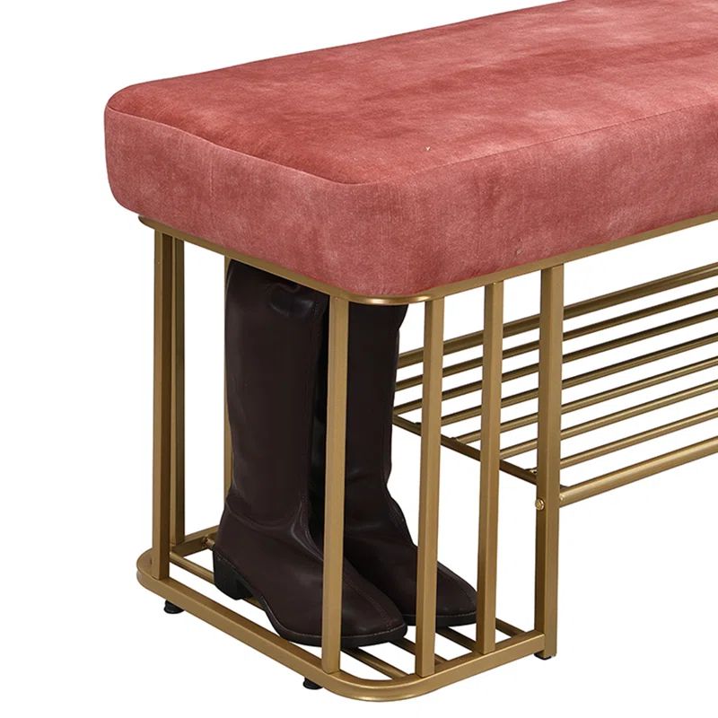Metal Bench with Shoe Storage and Leatherette Upholstered Cushion Seat