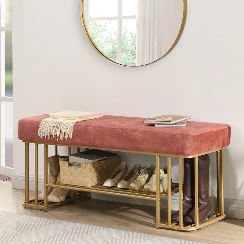 Metal Bench with Shoe Storage and Leatherette Upholstered Cushion Seat