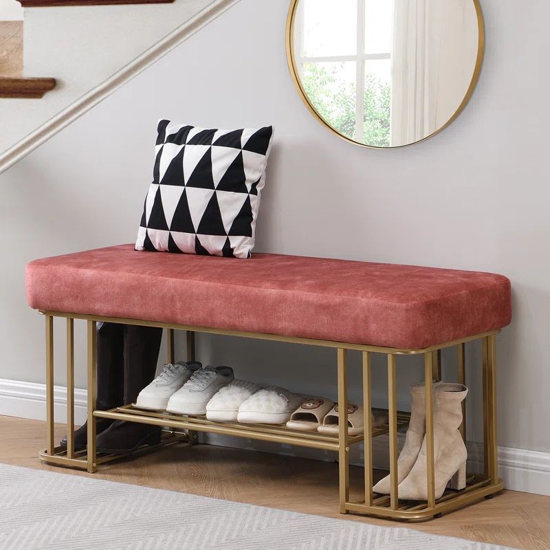 Metal Bench with Shoe Storage and Leatherette Upholstered Cushion Seat