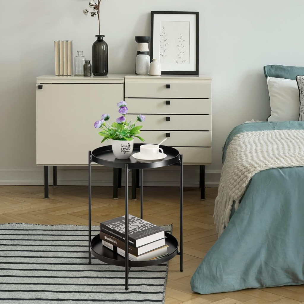Metal Side Table | End Table with Marble Top | Black Iron Frame | Modern Accent Table