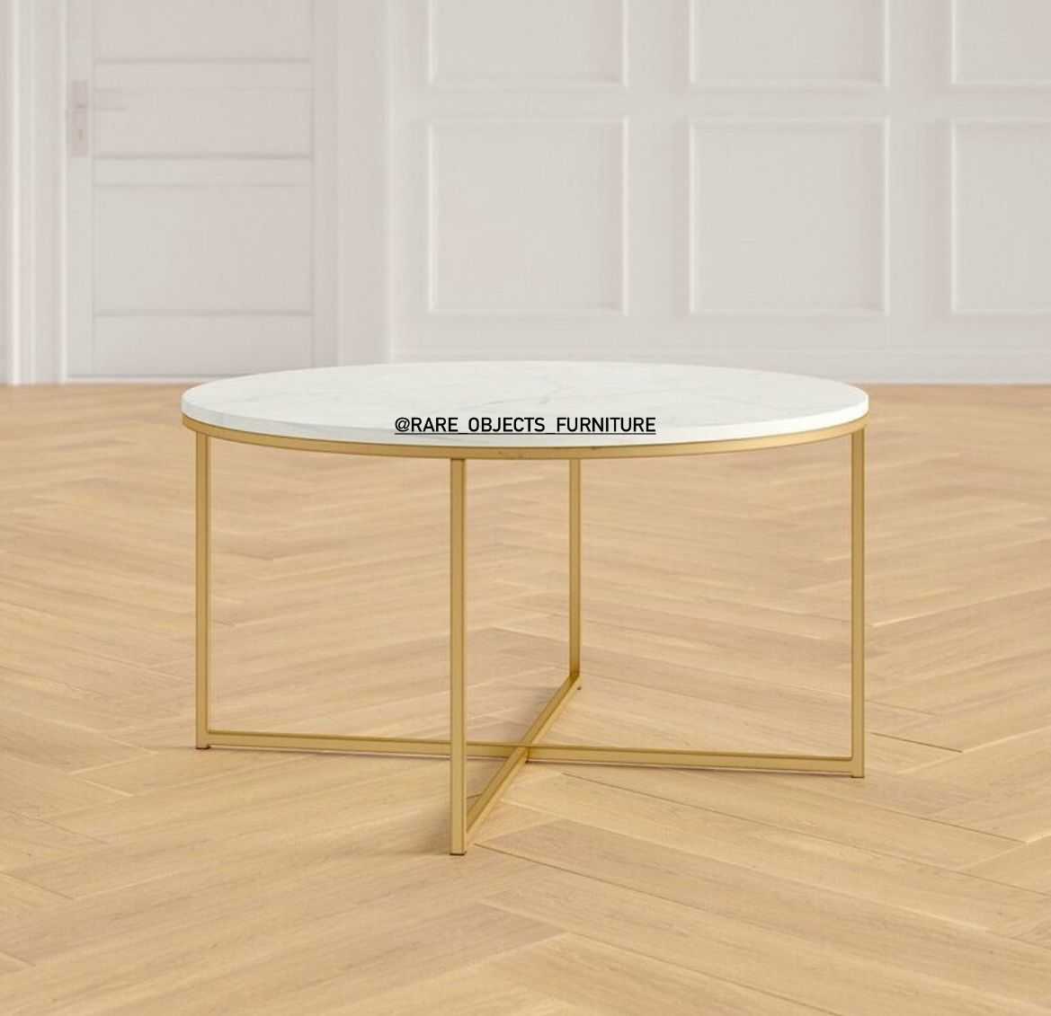 Round Decorative Coffee Table in Matte Gold Finish and White Marble Top