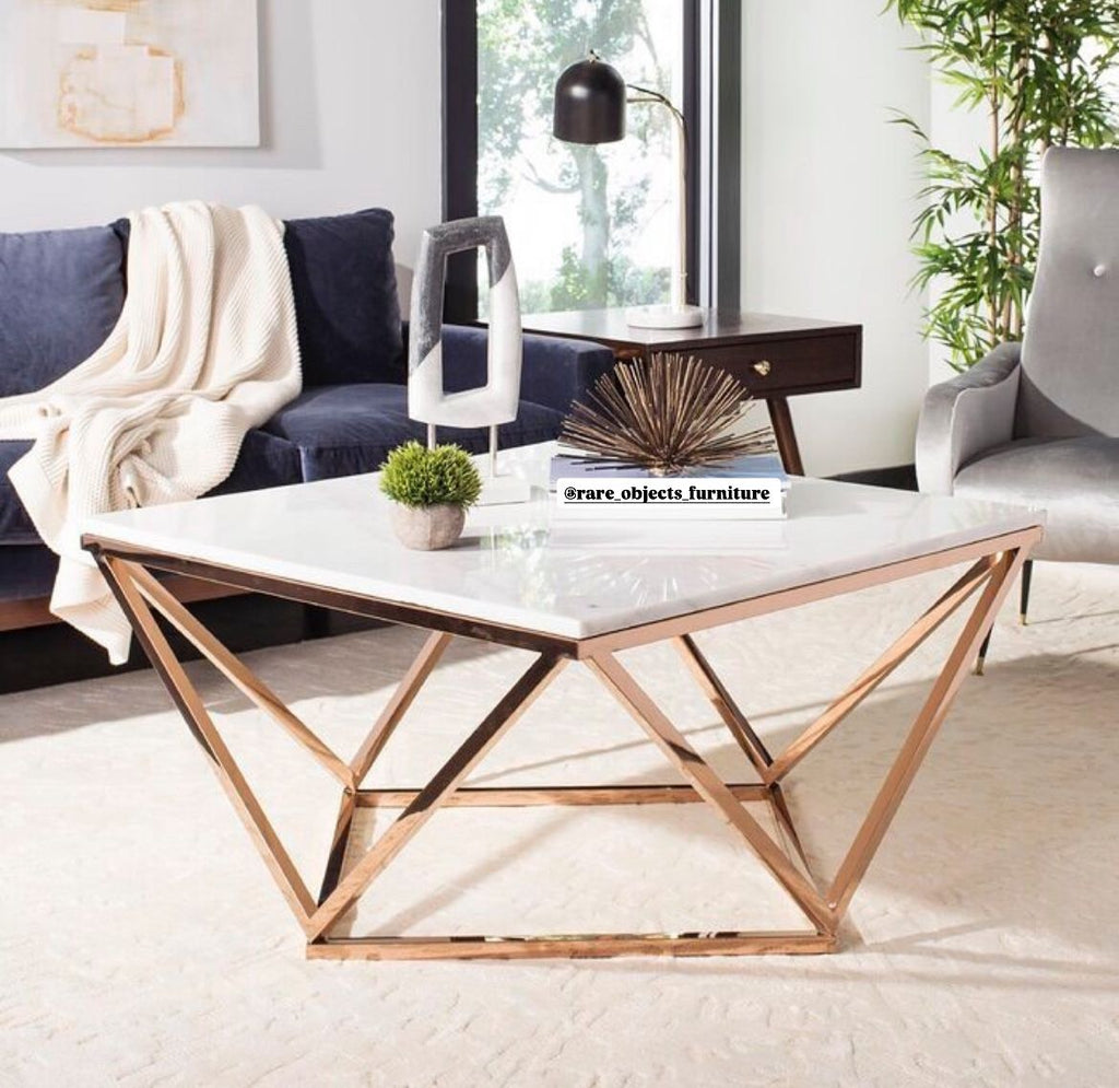 Geometric Rose Gold Coffee Table with Marble Top