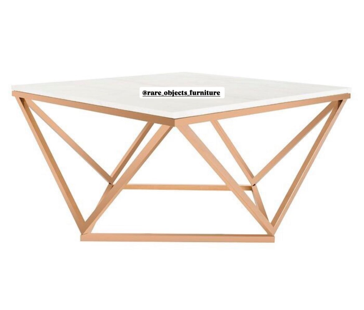 Geometric Rose Gold Coffee Table with Marble Top