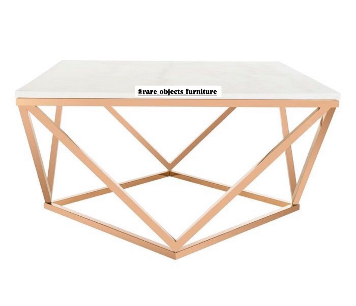 Geometric Rose Gold Coffee Table with Marble Top