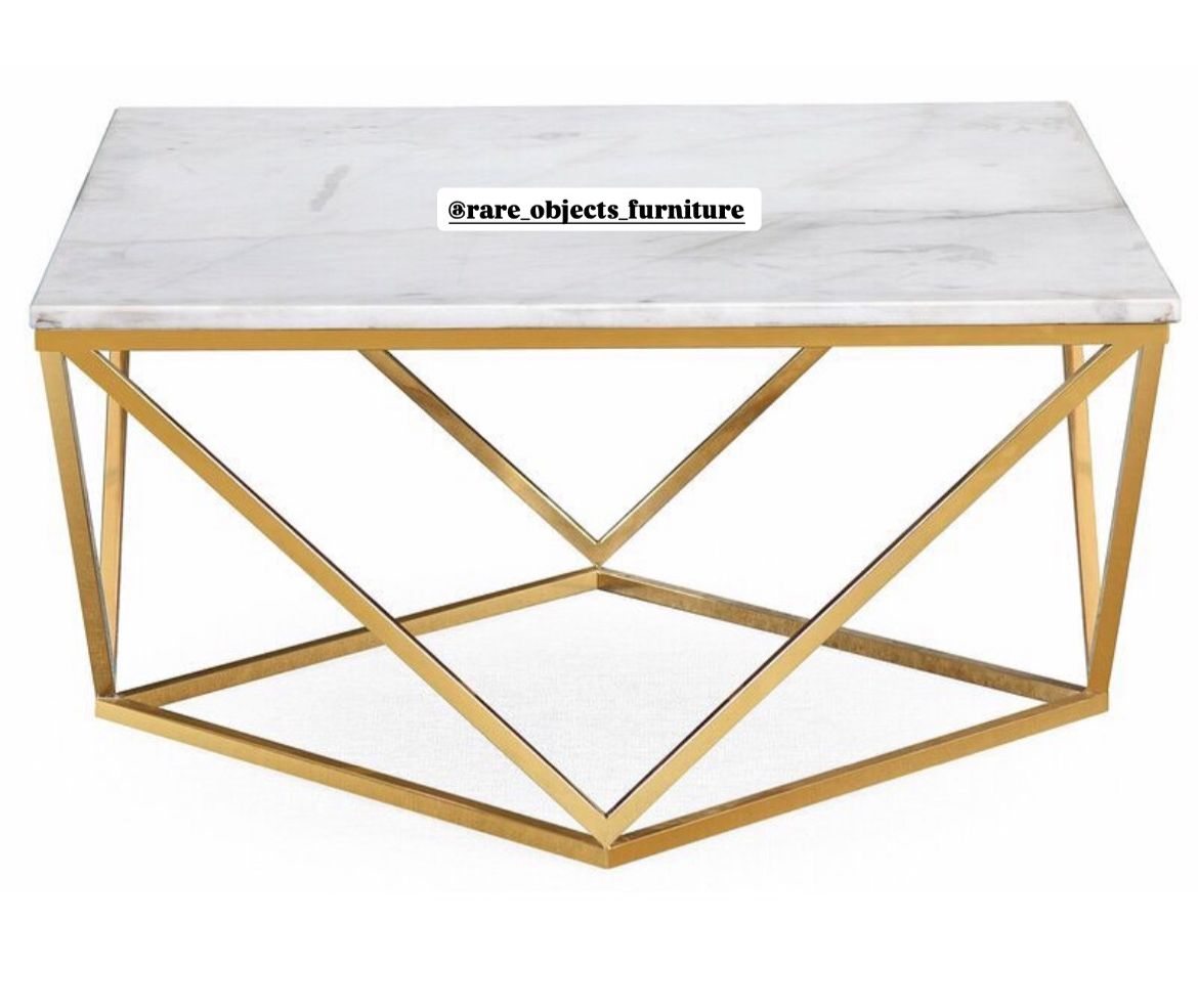 Geometric Matte Gold Coffee Table with Marble Top