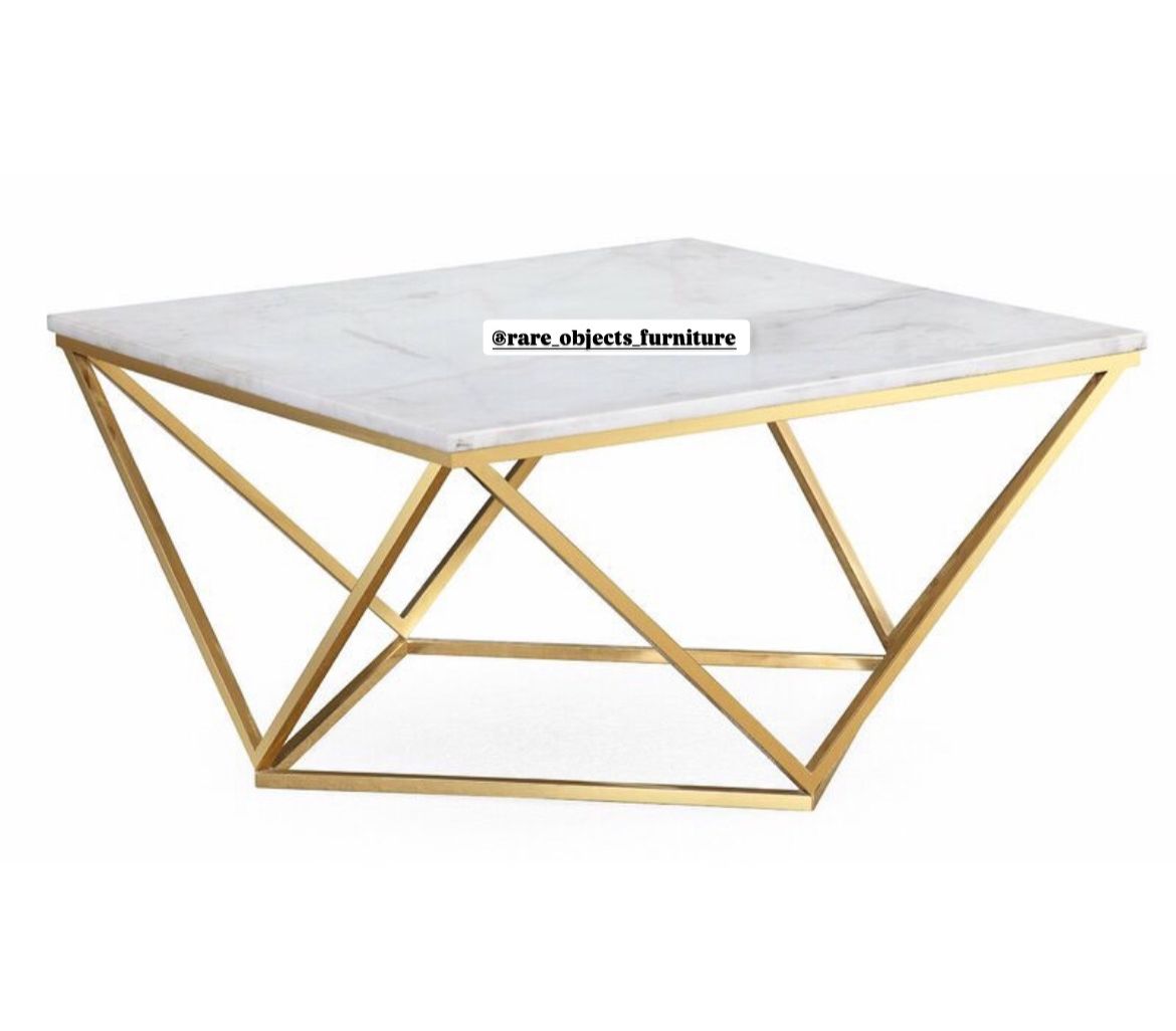 Geometric Matte Gold Coffee Table with Marble Top