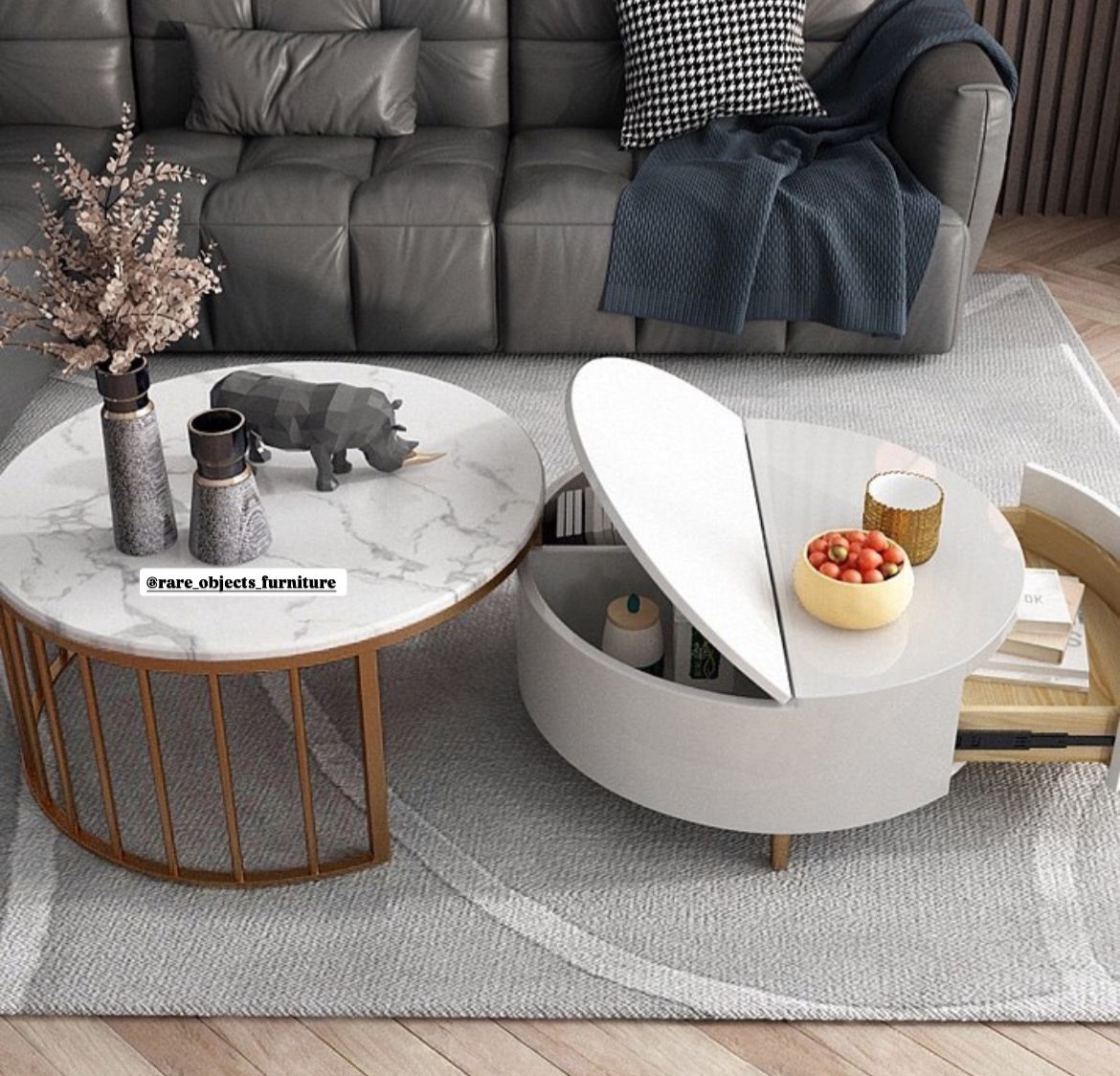 Modern Nesting Round Coffee Tables with Storage and White Marble Top