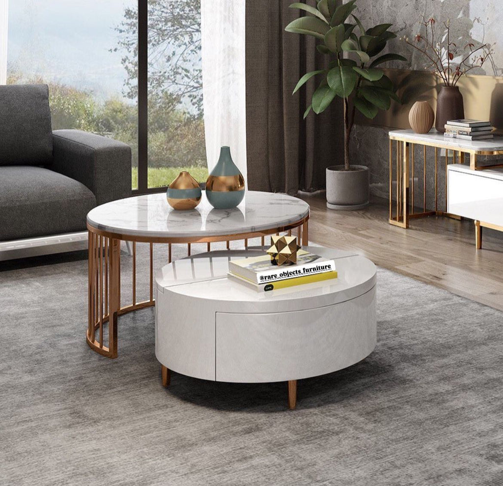 Modern Nesting Round Coffee Tables with Storage and White Marble Top
