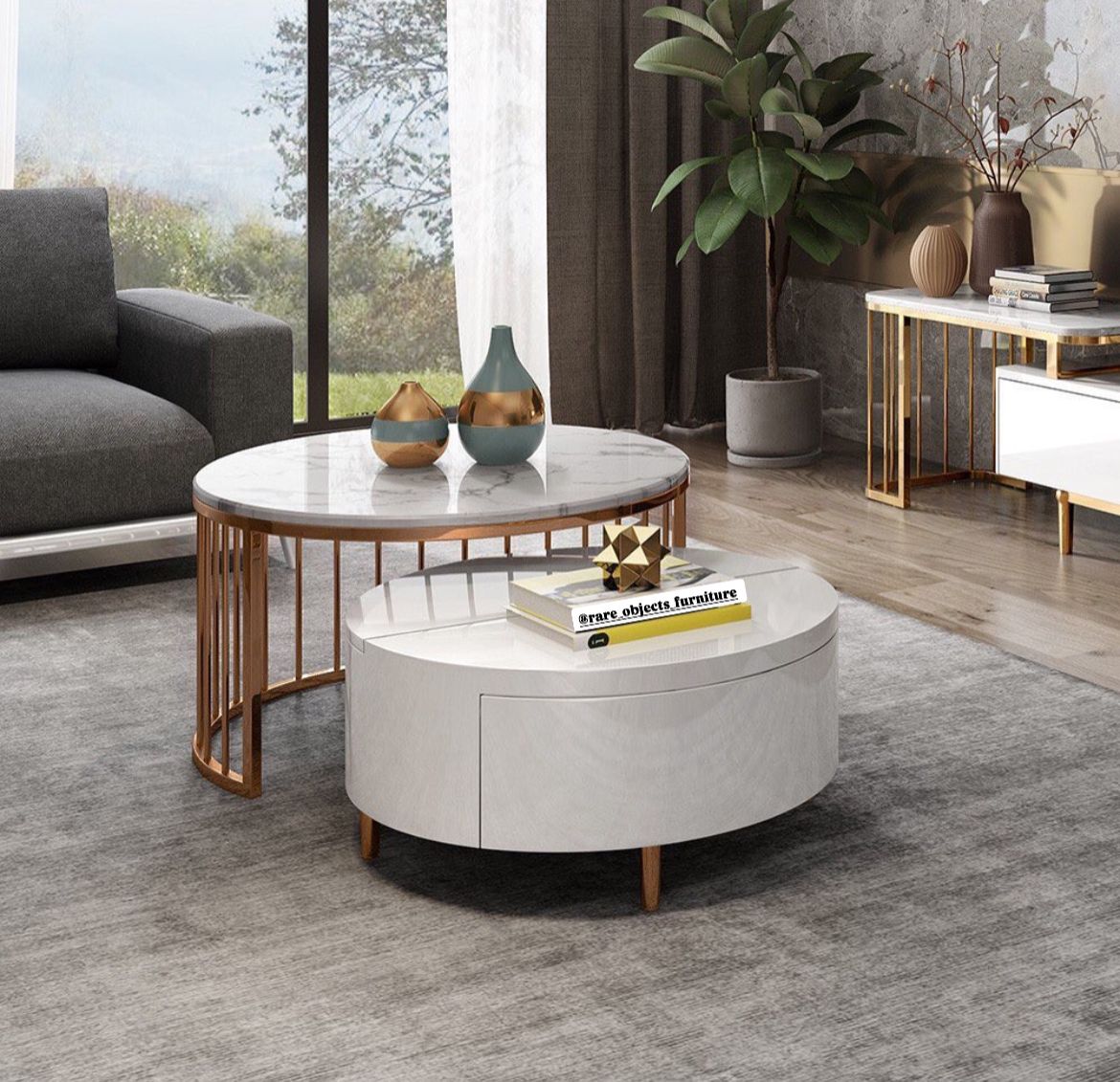 Modern Nesting Round Coffee Tables with Storage and White Marble Top