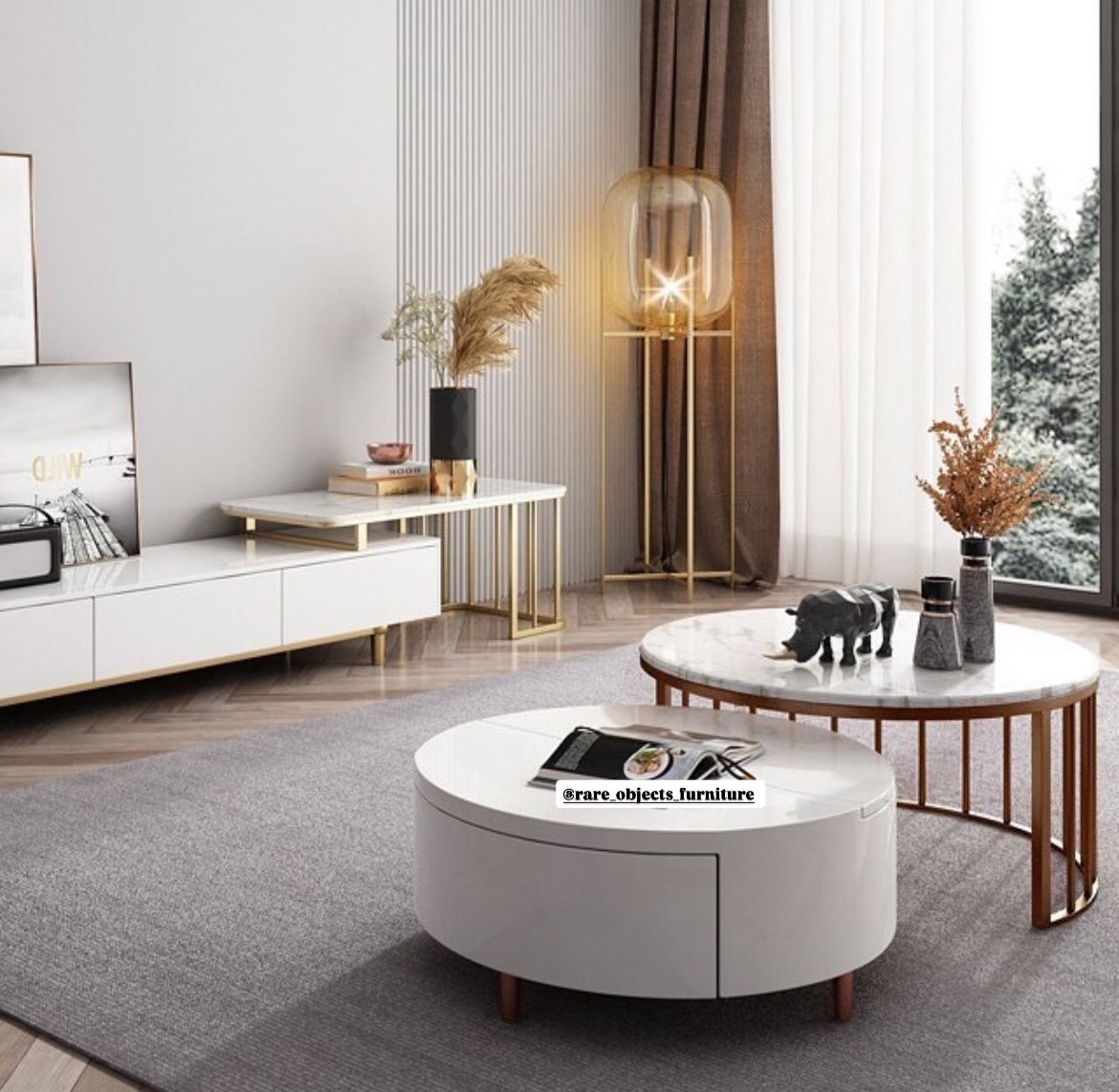 Modern Nesting Round Coffee Tables with Storage and White Marble Top