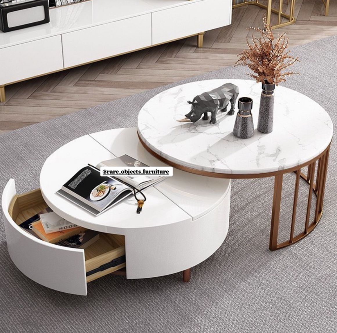 Modern Nesting Round Coffee Tables with Storage and White Marble Top