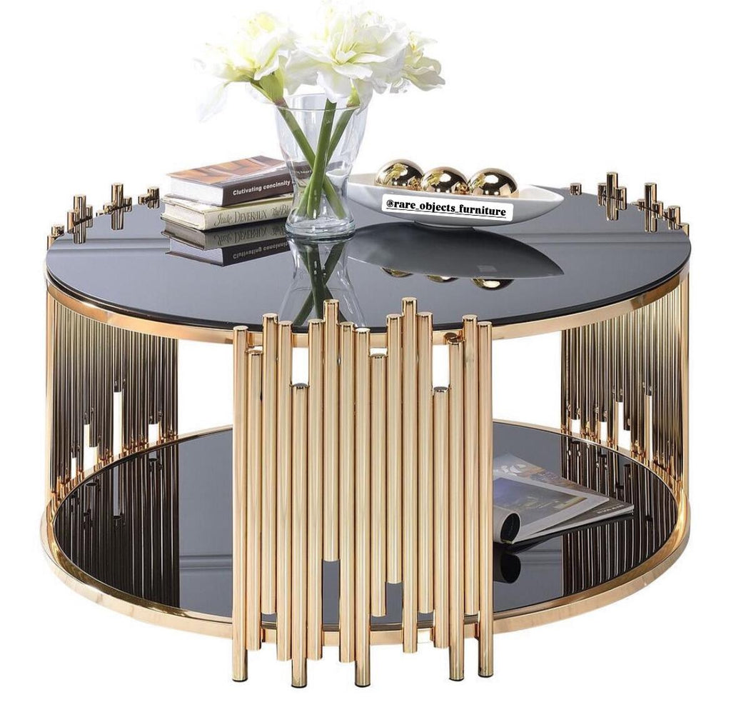 Modern Tube Design Round Coffee Tables with Storage and Black Glass Top