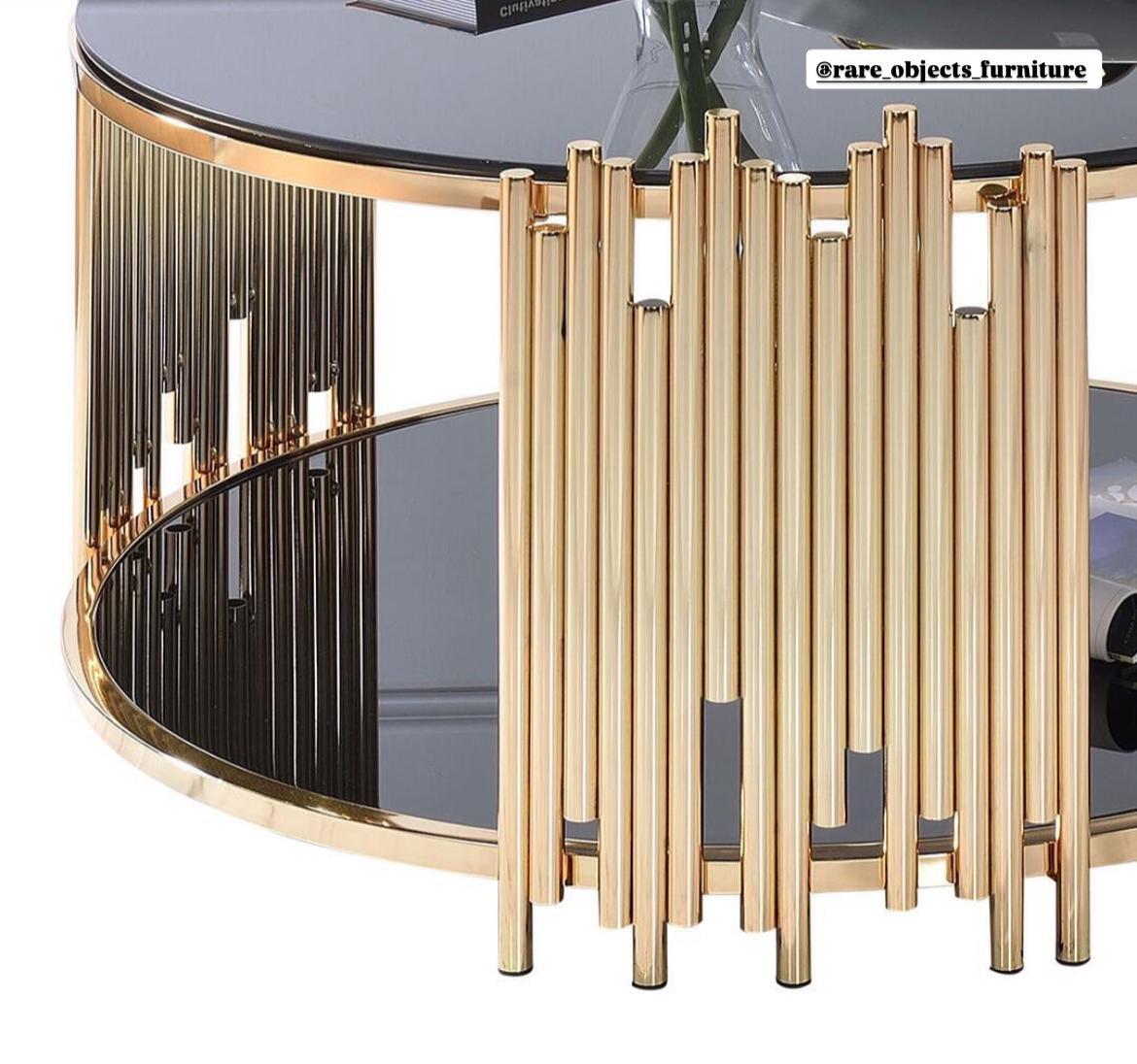 Modern Tube Design Round Coffee Tables with Storage and Black Glass Top