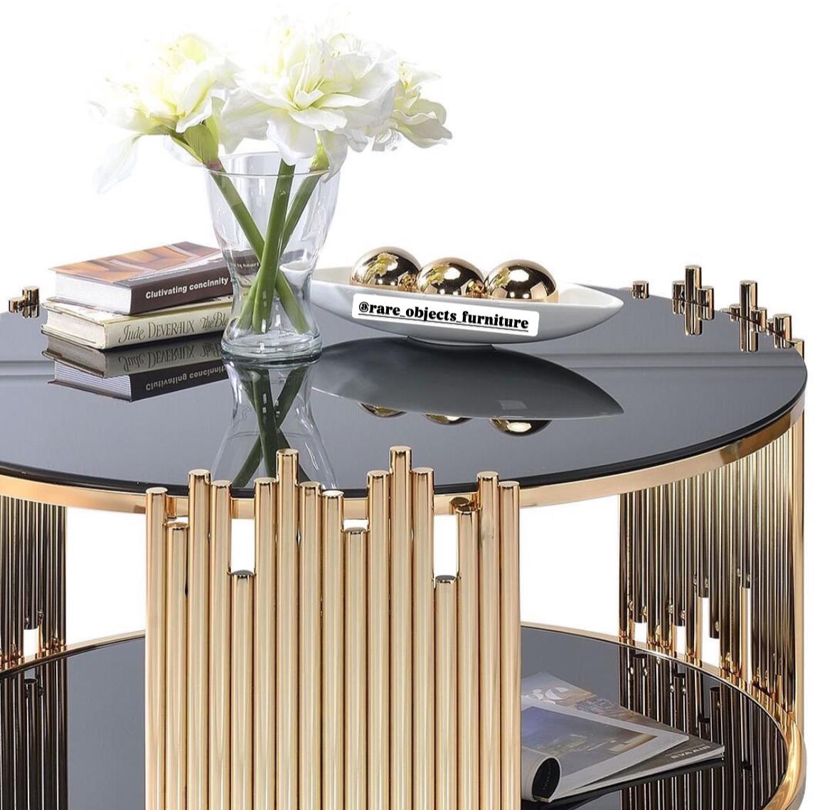 Modern Tube Design Round Coffee Tables with Storage and Black Glass Top