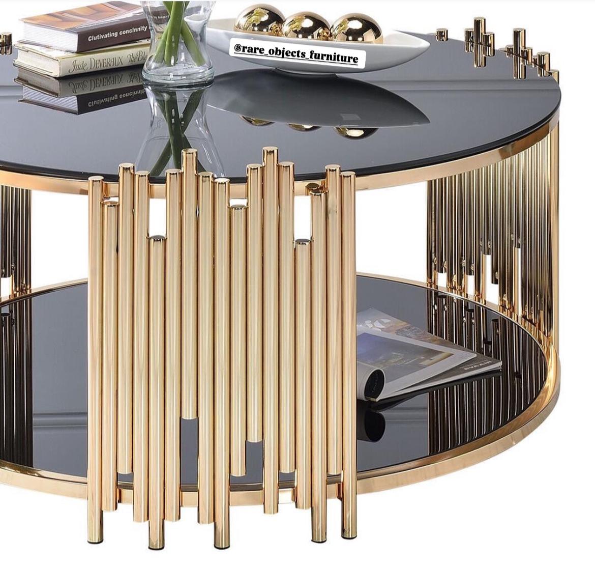 Modern Tube Design Round Coffee Tables with Storage and Black Glass Top