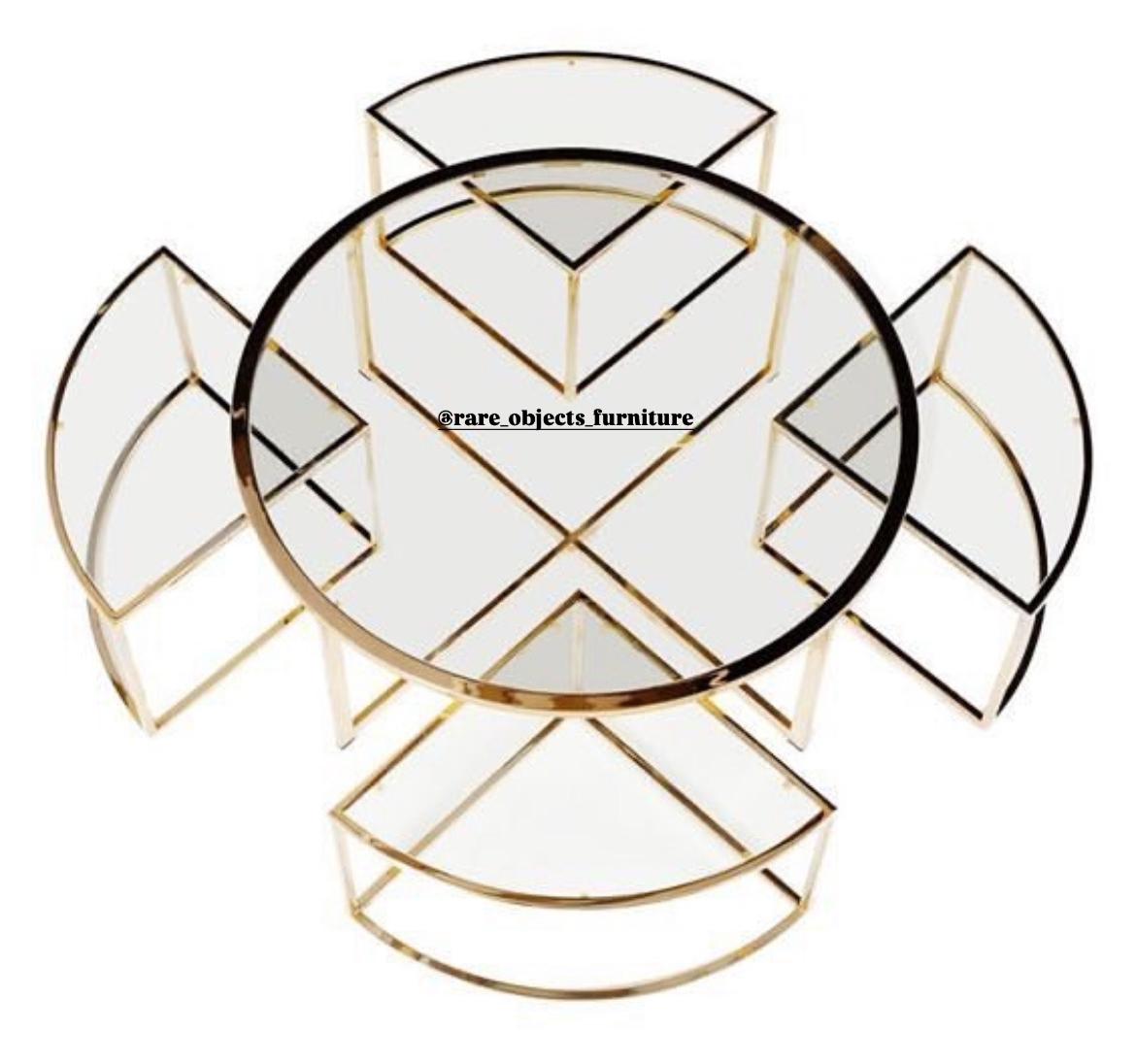 Modern Gold Coffee Table with 4 Nesting Tables in Brown Glass Top