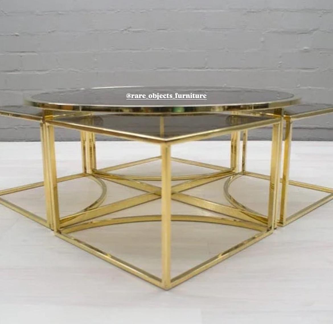 Modern Gold Coffee Table with 4 Nesting Tables in Brown Glass Top