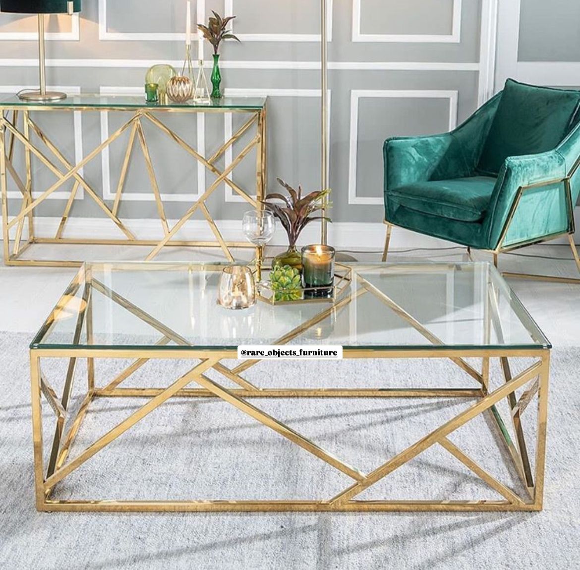 Criss-Cross Rectangular Gold Centre Table with Clear Glass Top