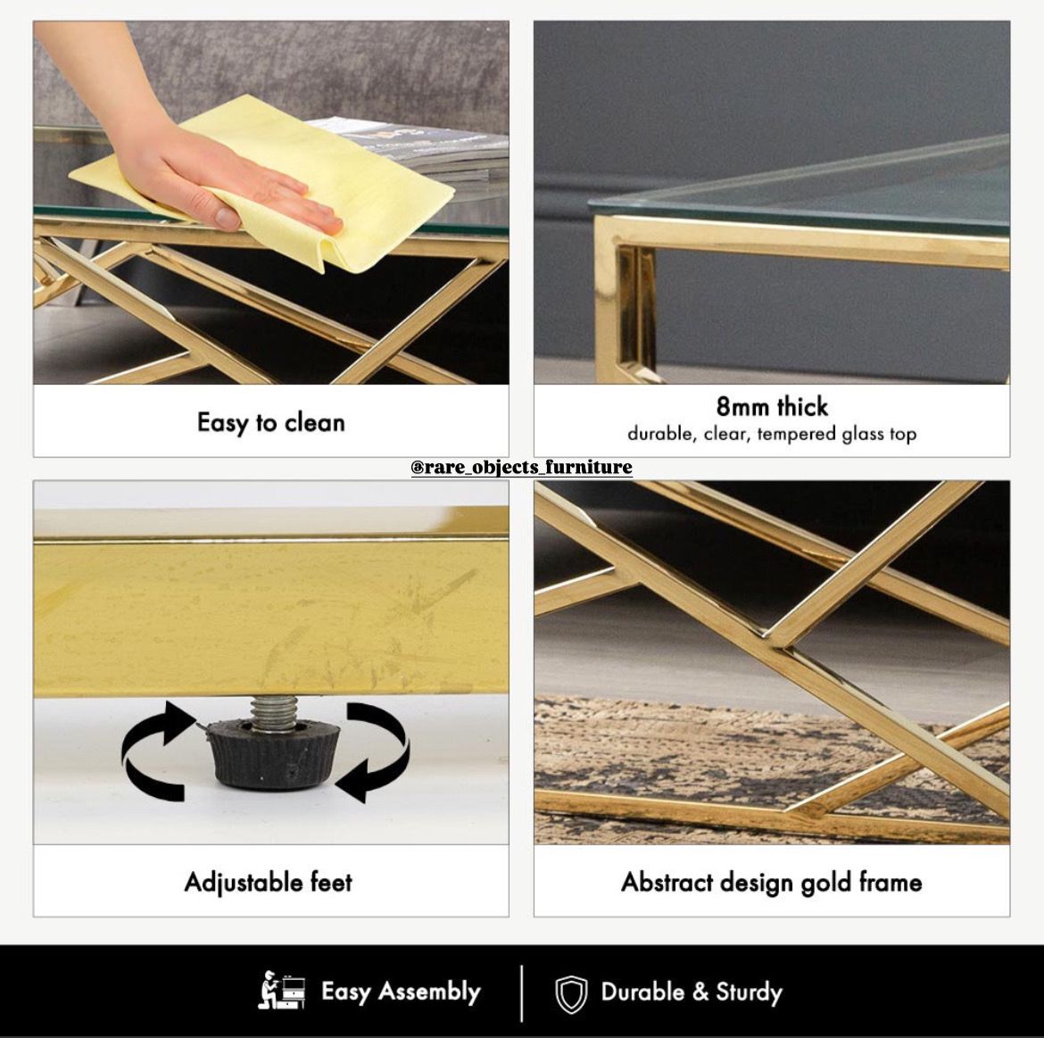 Criss-Cross Rectangular Gold Centre Table with Clear Glass Top